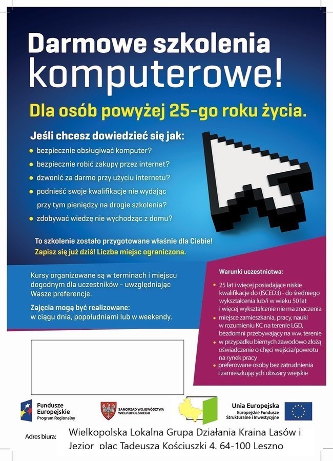 plakat z informacjami o darmowym szkoleniu komputerowym dla osób powyżej 25-go roku życia 