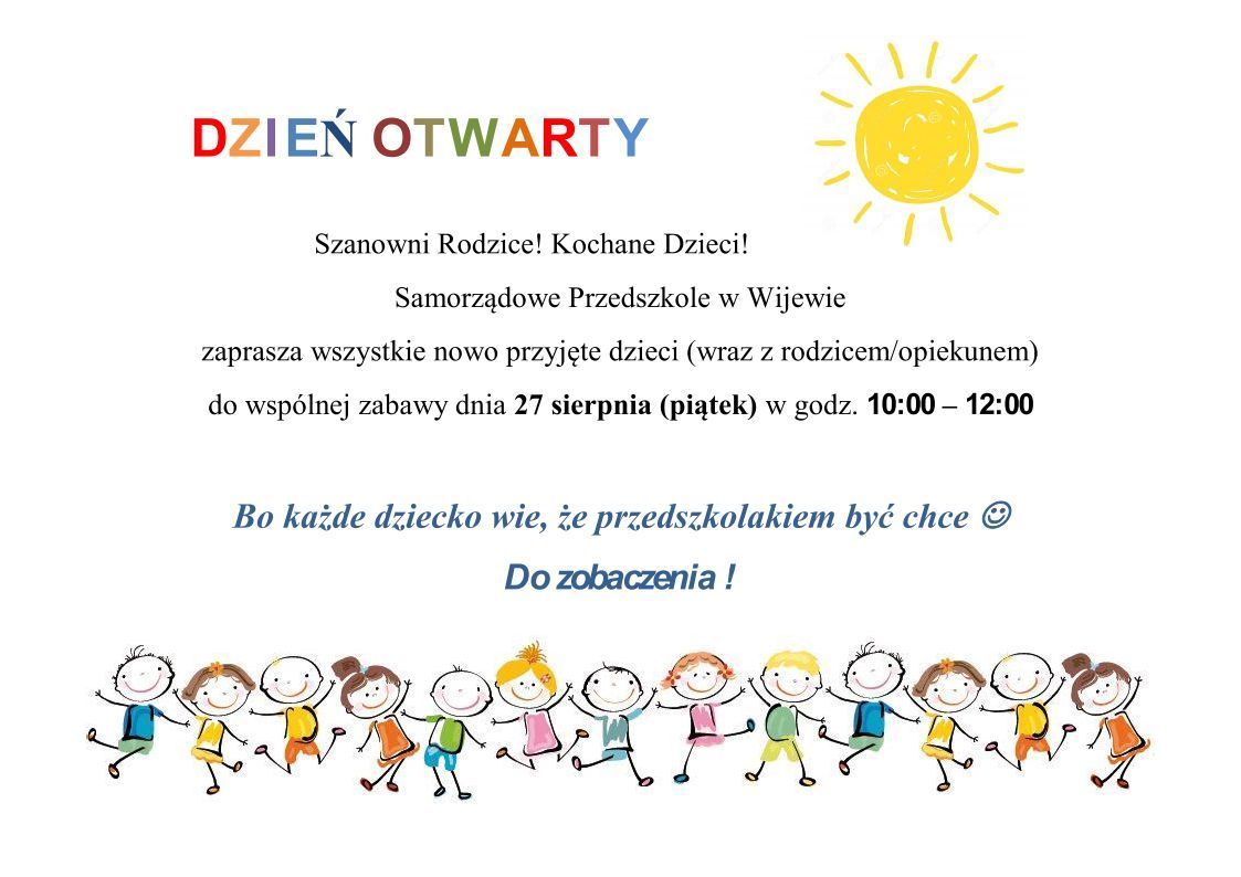 Plakat z informacjami o dniu otwartym w Przedszkolu Samorządowym w Wijewie 